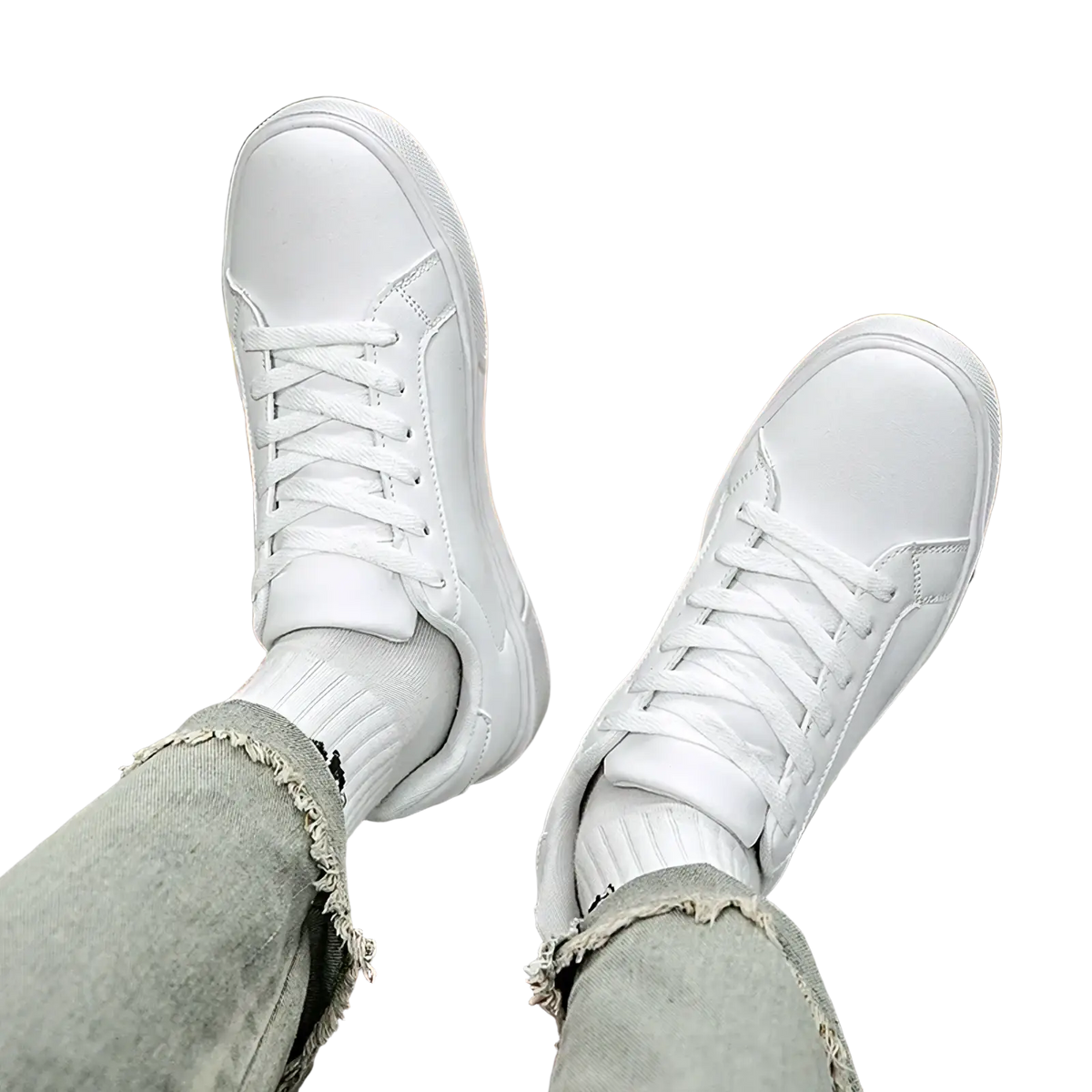 White leather casual sneakers with a clean minimalist design and matching laces ideal for lightweight sports use