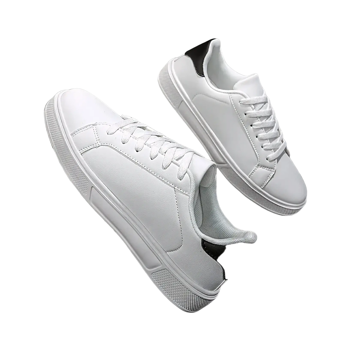White leather casual sneakers with black accents on heel and tongue featuring a clean minimalist design