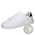 White leather casual low-top sneaker with black heel tab and textured rubber sole for lightweight sports use