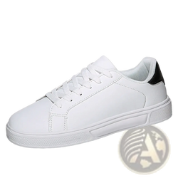 White leather casual low-top sneaker with black heel tab and textured rubber sole for lightweight sports use