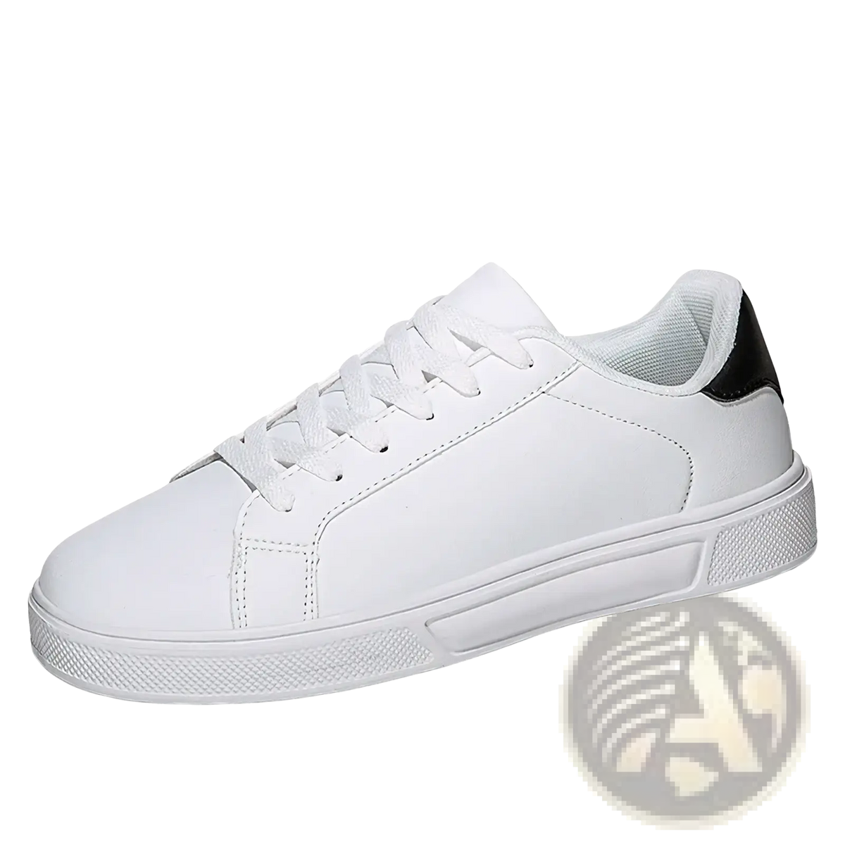 White leather casual low-top sneaker with black heel tab and textured rubber sole for lightweight sports use