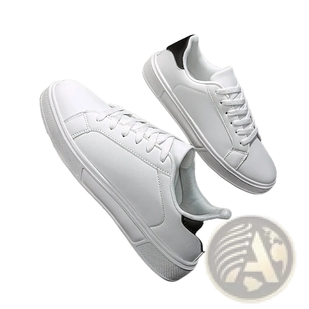 White leather casual sneakers with black accents on heel and tongue featuring a clean minimalist design