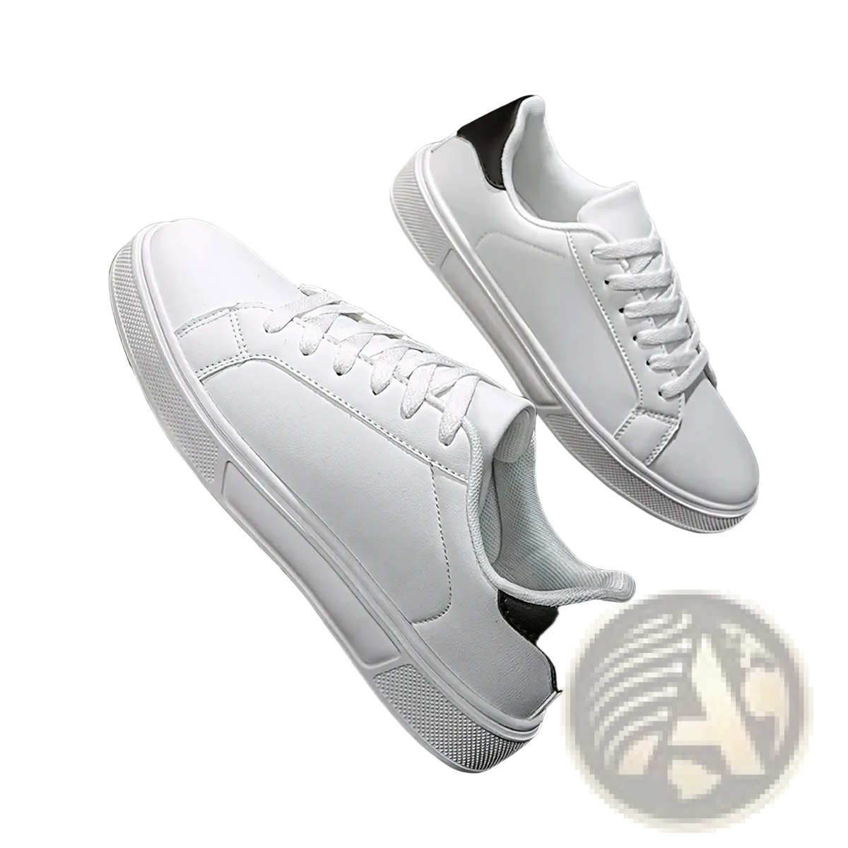 White leather casual sneakers with black accents on heel and tongue featuring a clean minimalist design