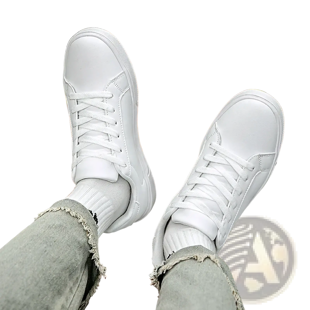 White leather casual sneakers with a clean minimalist design and matching laces ideal for lightweight sports use