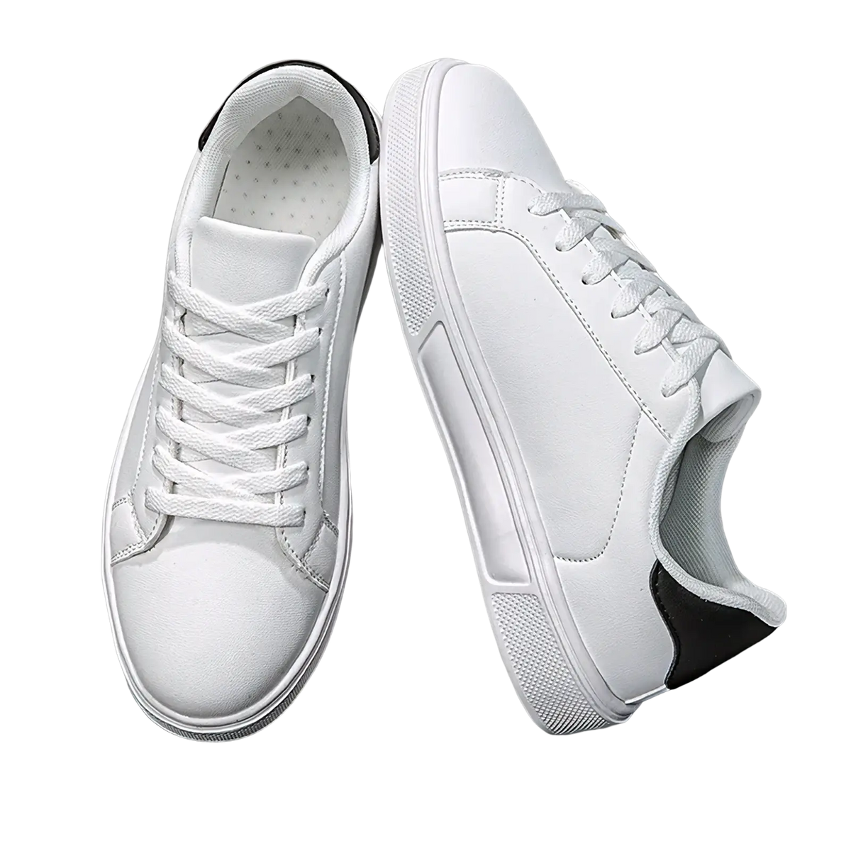 White leather casual low-top sneakers with black heel and tongue accents featuring a lightweight sports design