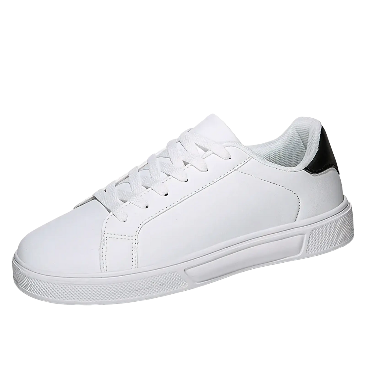 White leather casual low-top sneaker with black heel tab and textured rubber sole for lightweight sports use