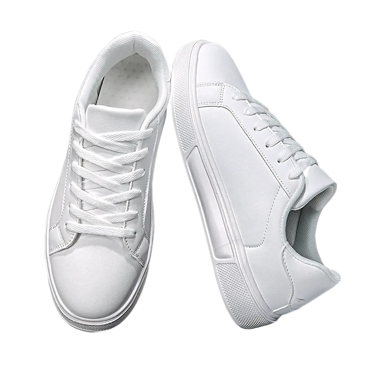 White leather casual sneakers with matching laces and a minimalist design for lightweight sports use