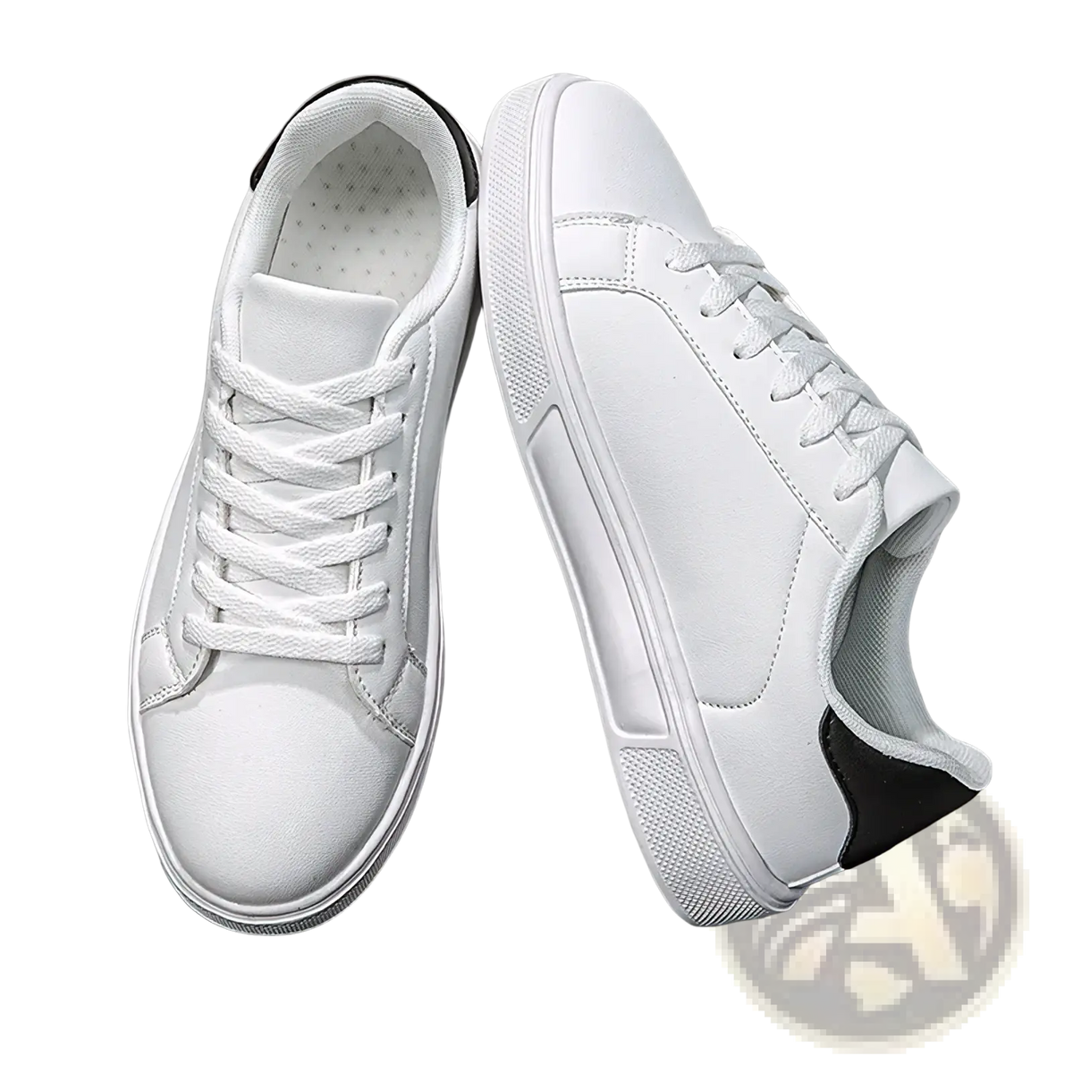 White leather casual low-top sneakers with black heel and tongue accents featuring a lightweight sports design