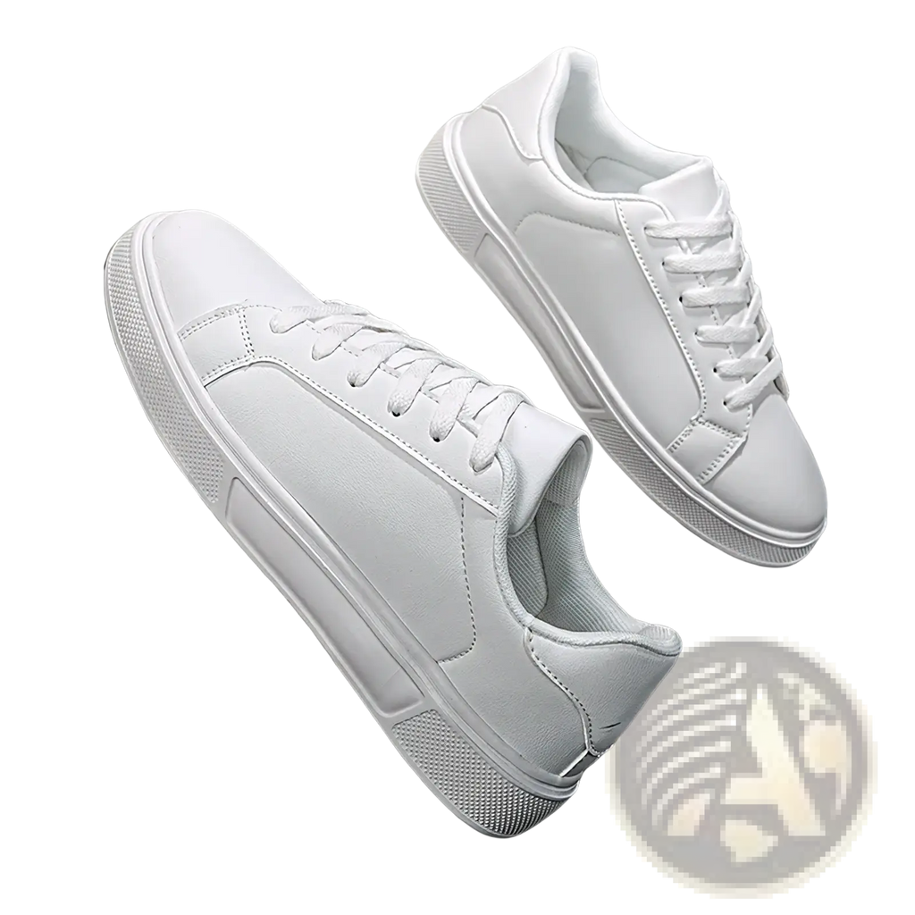 White leather low-top casual sneakers with lightweight design and matching laces for sports and everyday wear