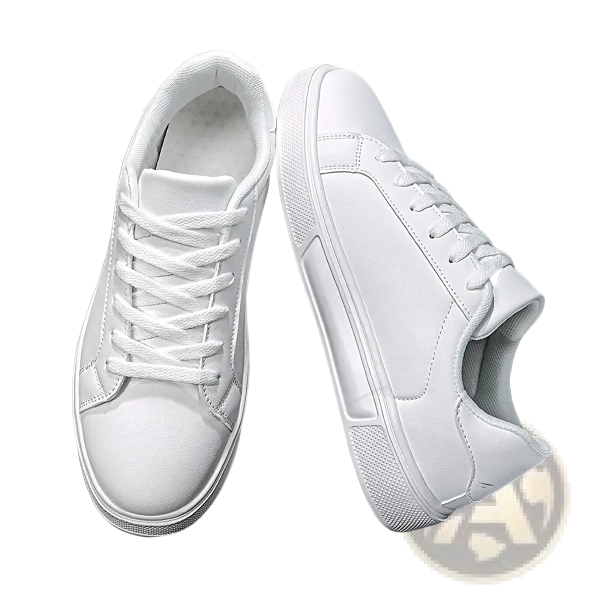 White leather casual sneakers with matching laces and a minimalist design for lightweight sports use