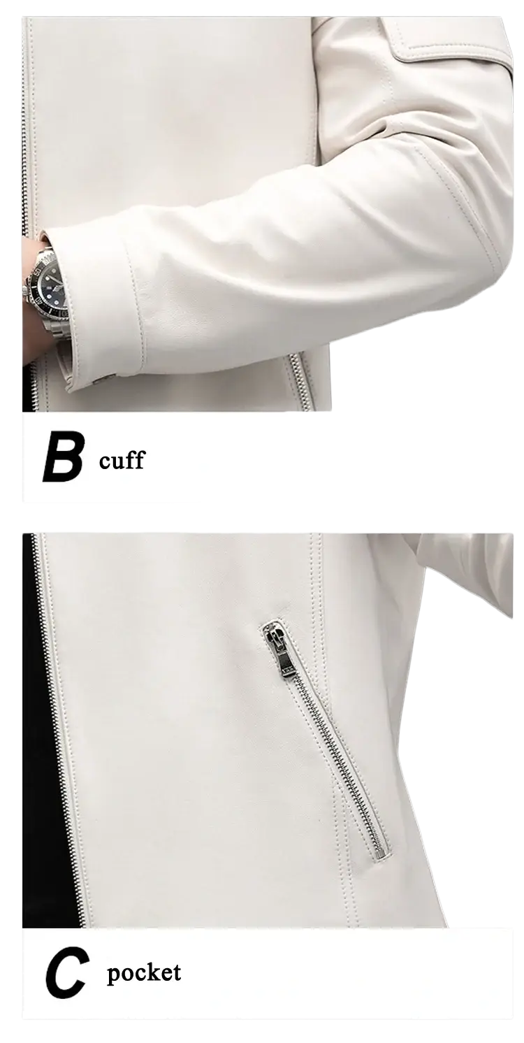 White leather jacket for men slim winter business coat cuff with silver zipper and matching pocket detail