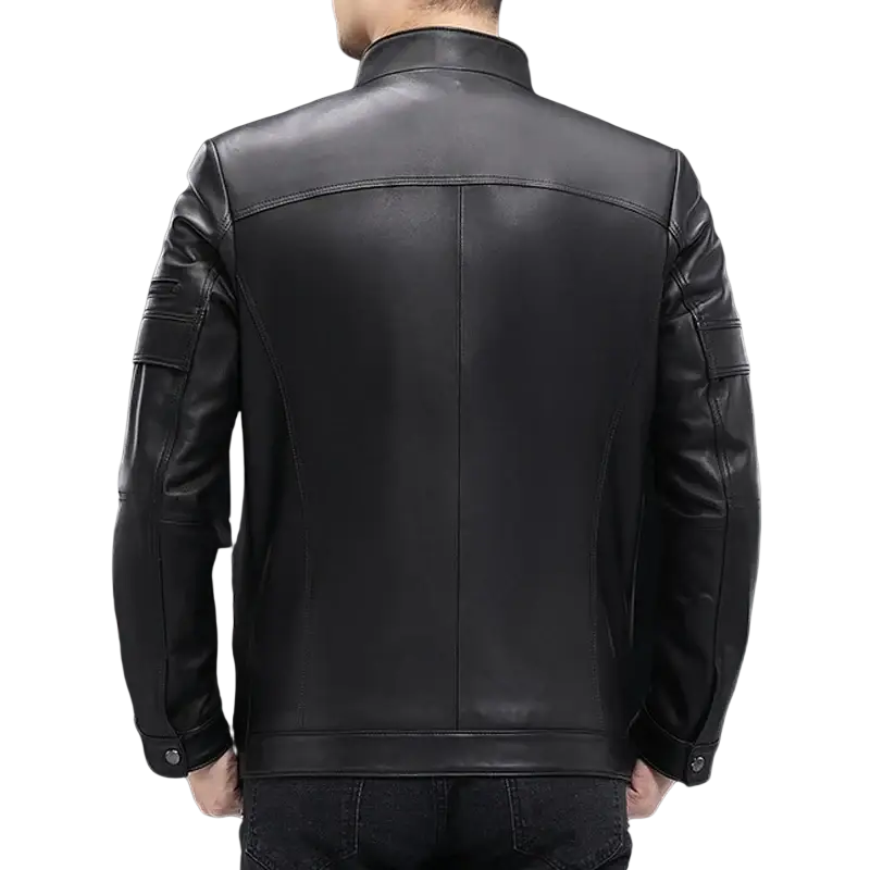 Black leather jacket with high collar and subtle stitching details for a winter male business simple look
