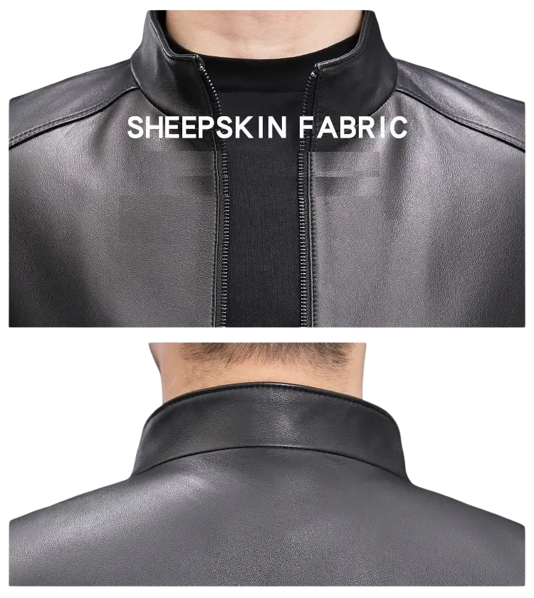 Black sheepskin fabric jacket with high collar and zipper front contrasting white leather jacket for winter male business use