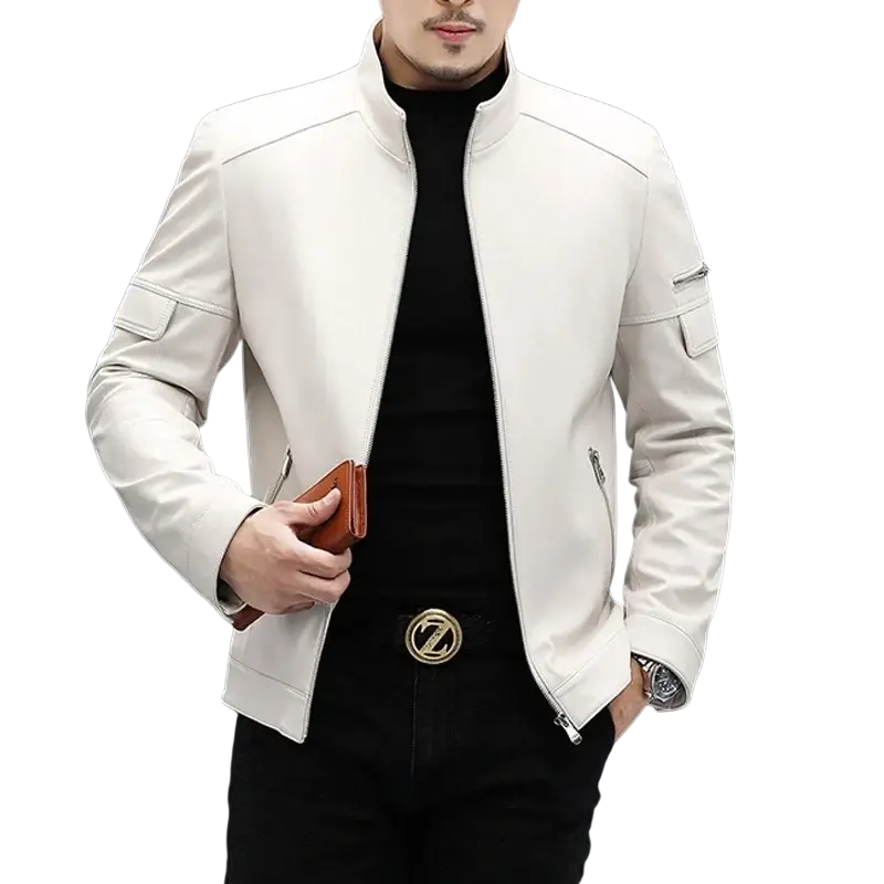 White leather jacket for men with zippered pockets and stand-up collar slim winter male business coat