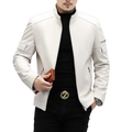 White leather jacket for men with zippered pockets and stand-up collar slim winter male business coat