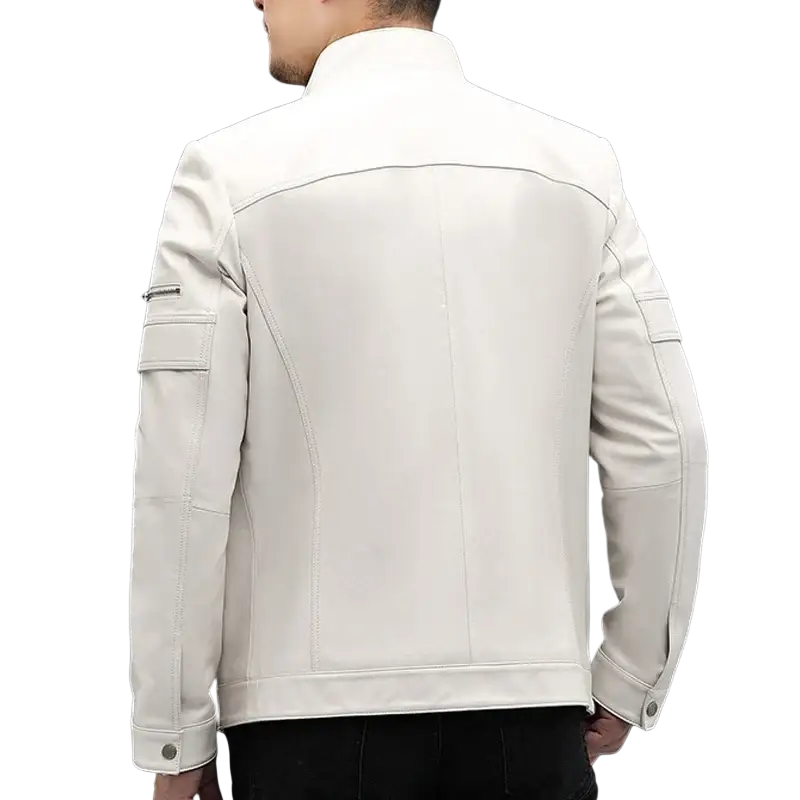 White leather jacket for men with high collar and subtle stitching ideal for winter male business coat