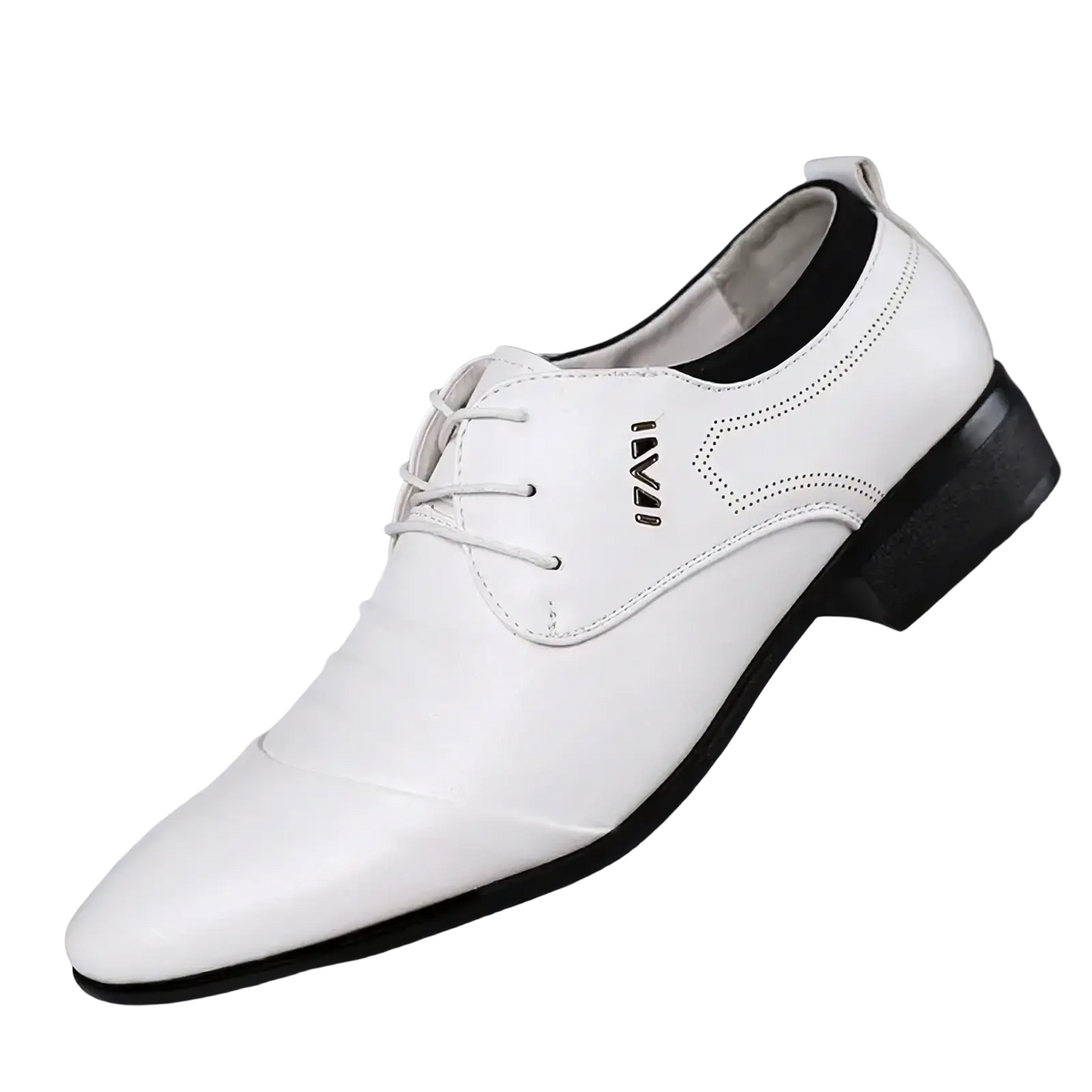 White leather men dress shoe with black accents and subtle logo formal lace-up for elegant occasions