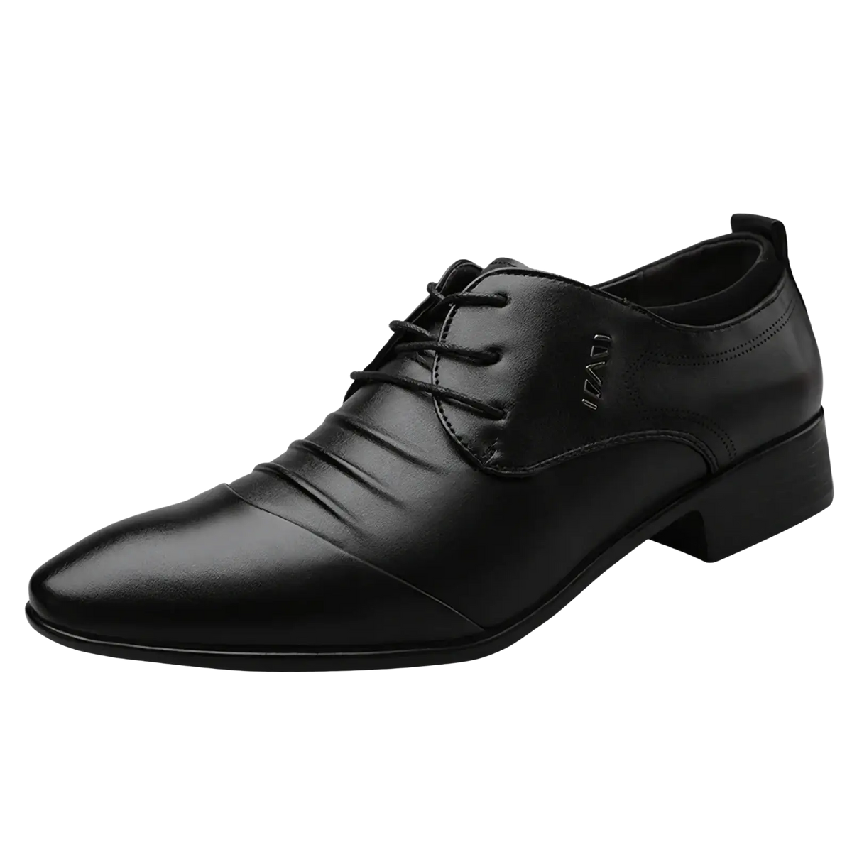Black leather men dress shoe formal lace-up with pointed toe and low heel contrasting white leather product title