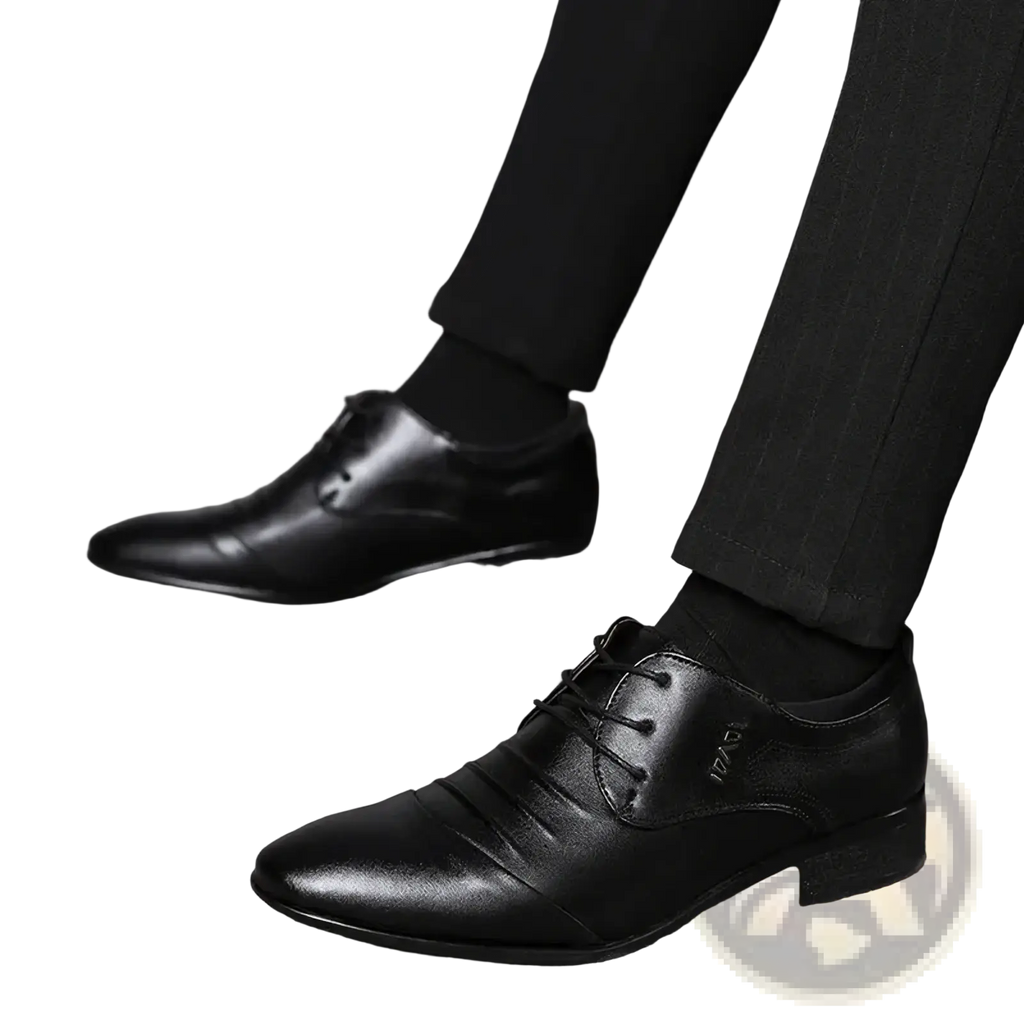 Black leather men dress shoes formal lace up with pointed toe and low heel for classic occasions