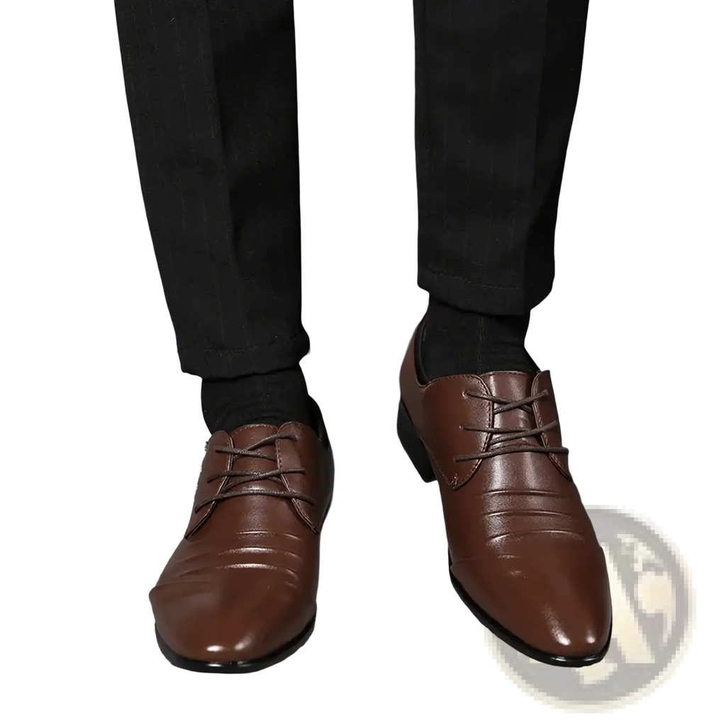 Brown leather men dress shoes formal lace-up with polished finish and pointed toe for dress occasions