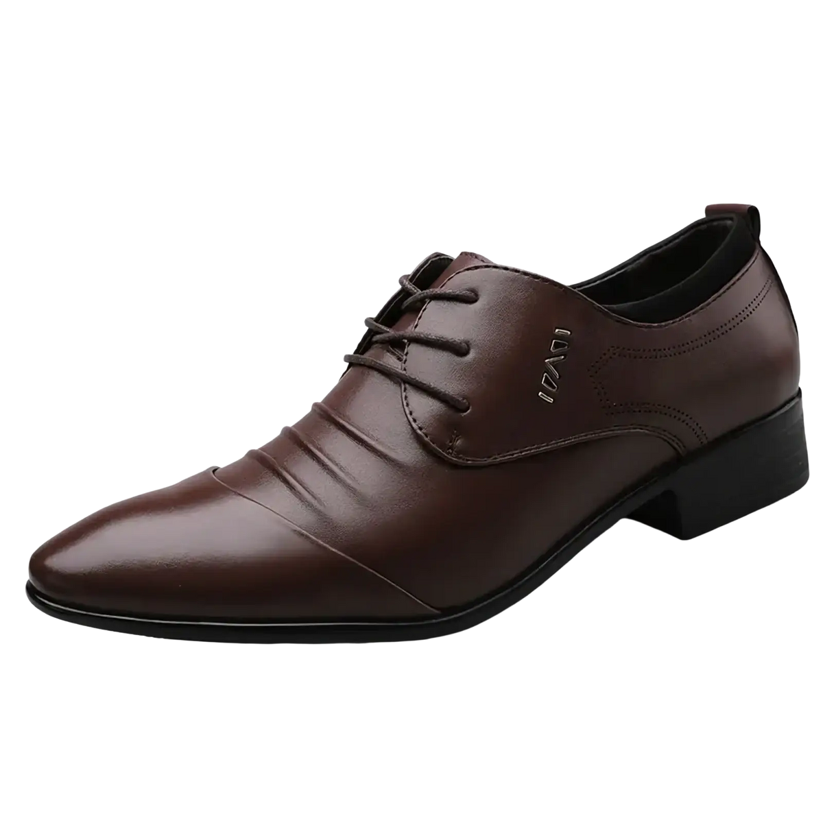 Brown leather men dress shoe with pointed toe and black laces for formal wear in contrast to white leather dress shoes