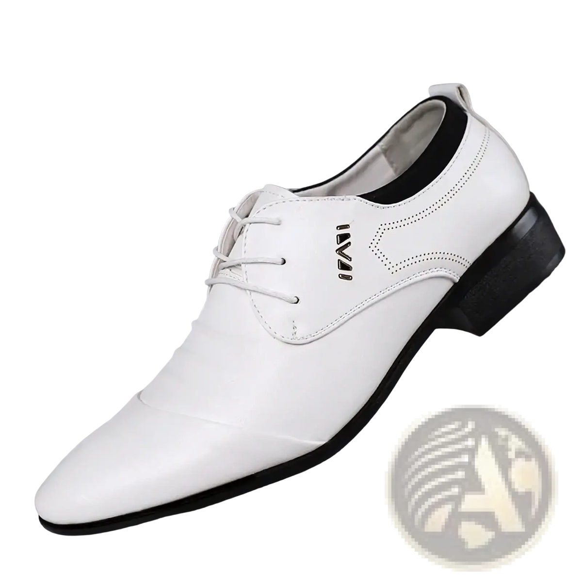 White leather men dress shoe with black accents and subtle logo formal lace-up for elegant occasions