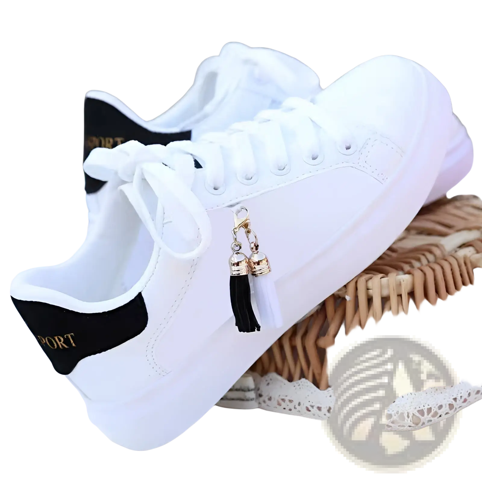 White leather tassel sneakers with platform soles breathable sports shoes featuring black heel tabs and gold lettering