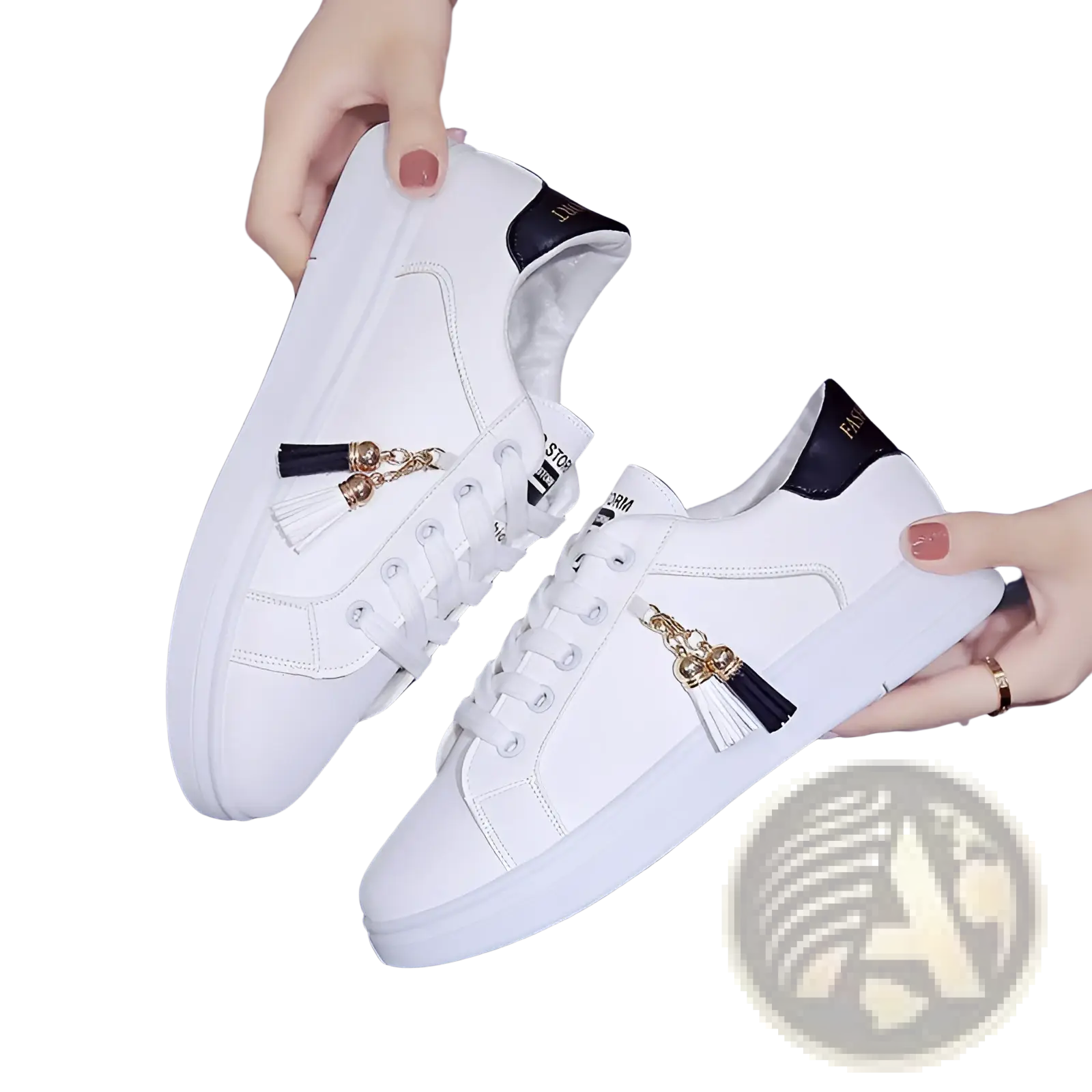 White leather tassel sneakers with black accents and gold-tone decorations for breathable sports use