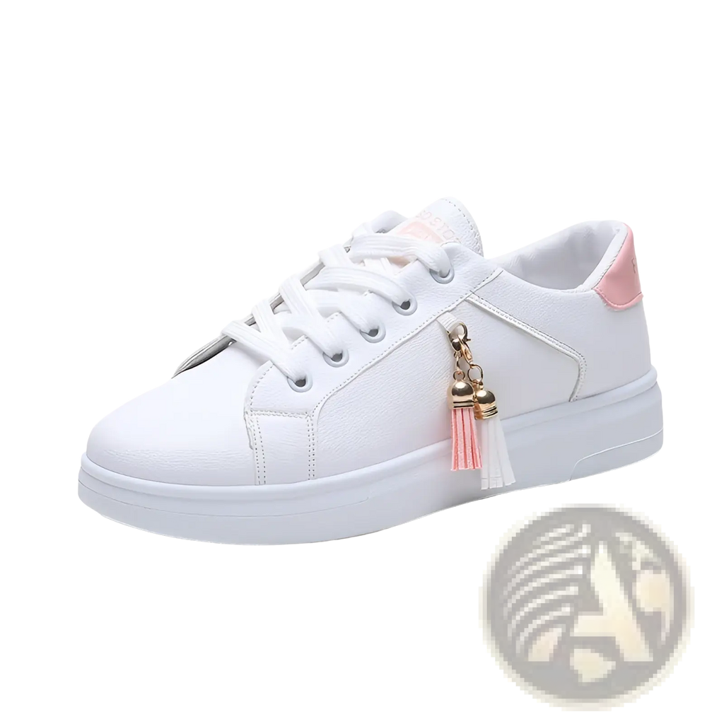 White leather low-top sneaker with pink accents and a decorative tassel charm breathable sports shoe
