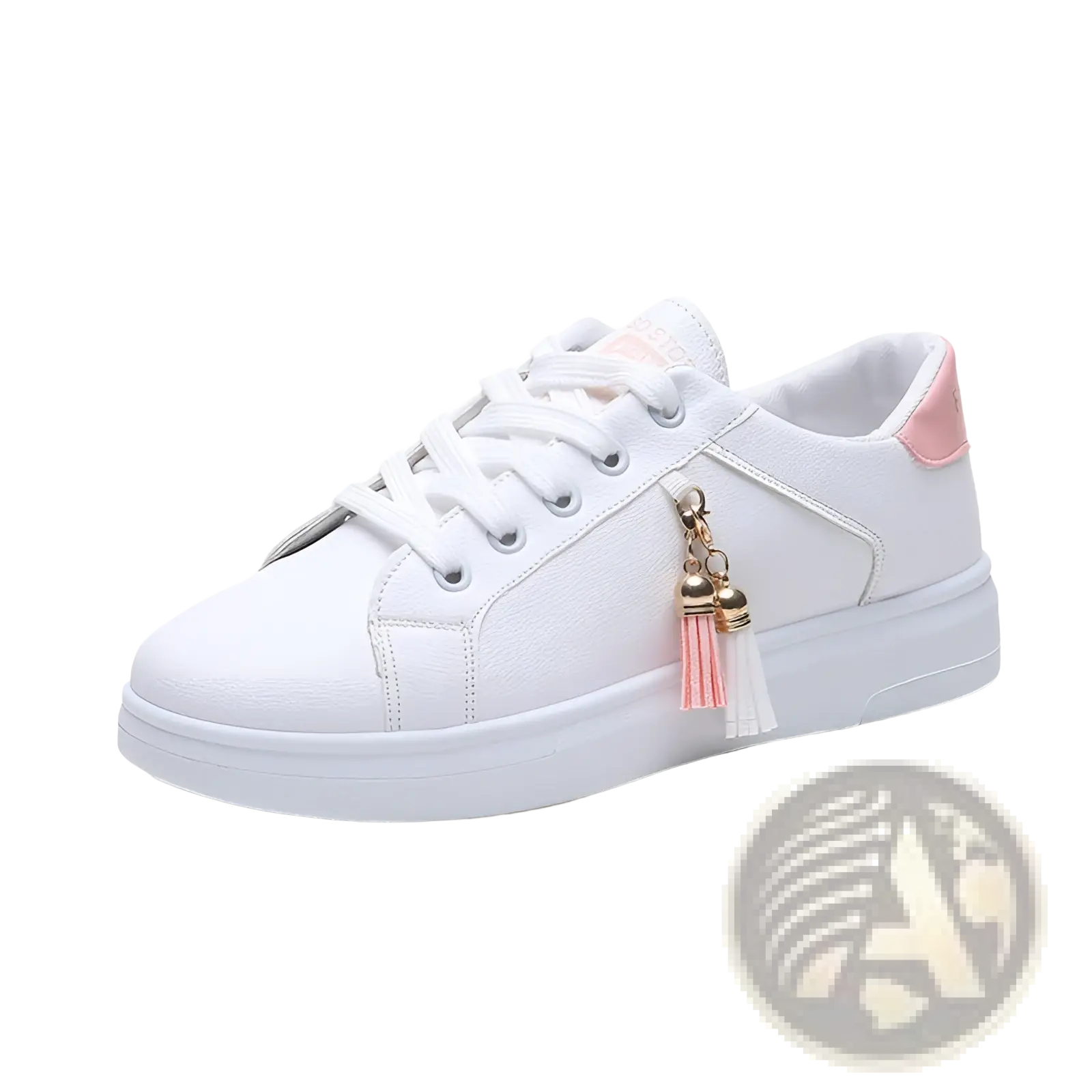 White leather low-top sneaker with pink accents and a decorative tassel charm breathable sports shoe