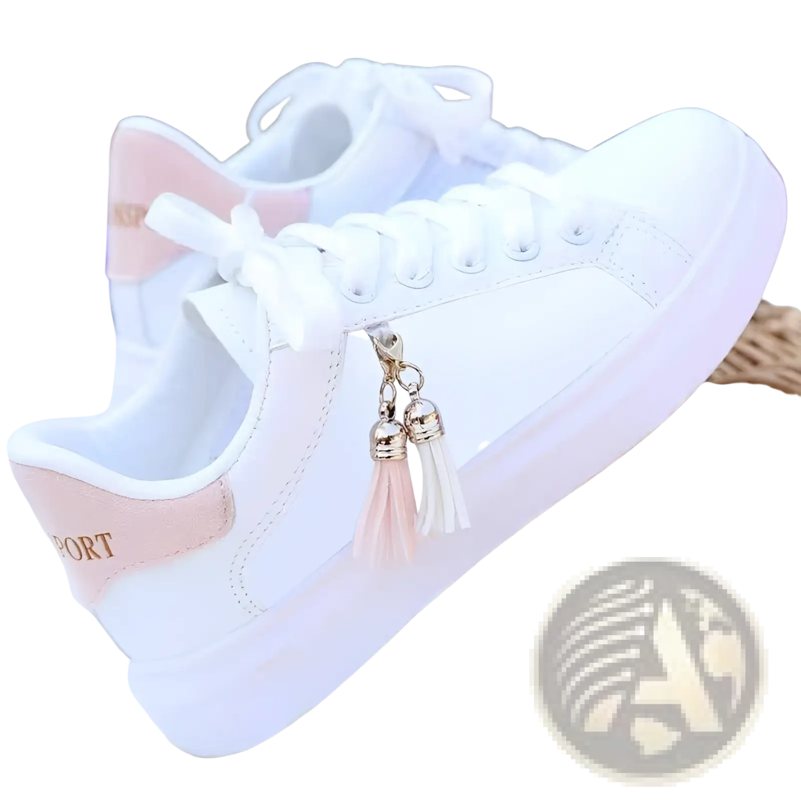 White leather breathable platform sneakers with pink accents and a decorative tassel charm on the side