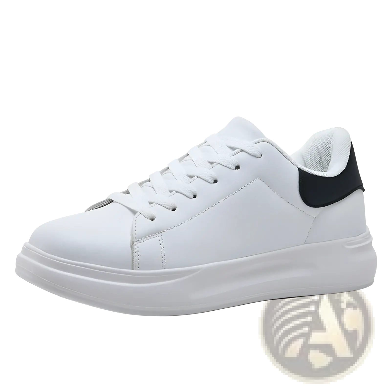 White leather waterproof chunky leisure sneaker with black heel tab and matching white laces shown from back side