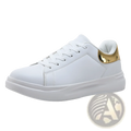 White leather waterproof chunky leisure sneaker with gold metallic accent on heel tab and white laces shown from back side
