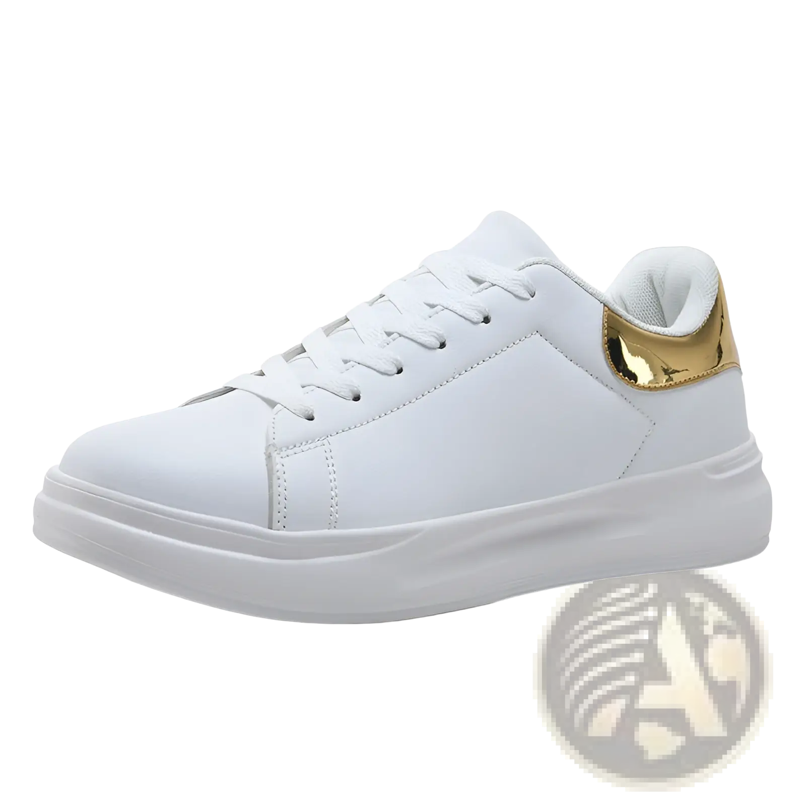 White leather waterproof chunky leisure sneaker with gold metallic accent on heel tab and white laces shown from back side