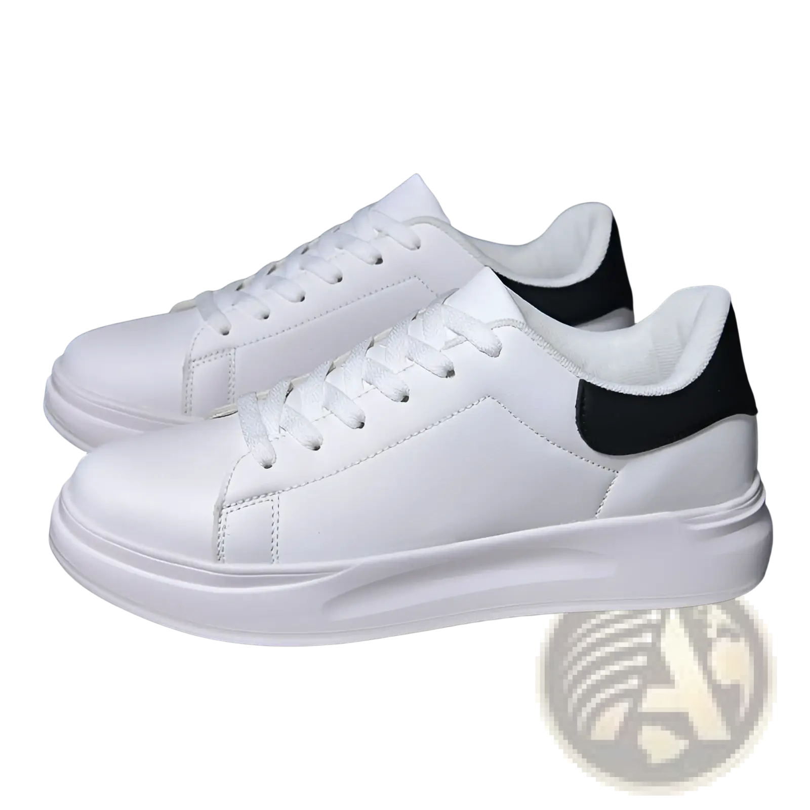 White leather waterproof chunky leisure sneakers with black heel accents and laces shown from the back side