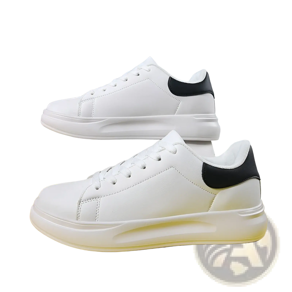 White leather waterproof chunky leisure sneakers with black accents on heel and tongue and a thick white sole