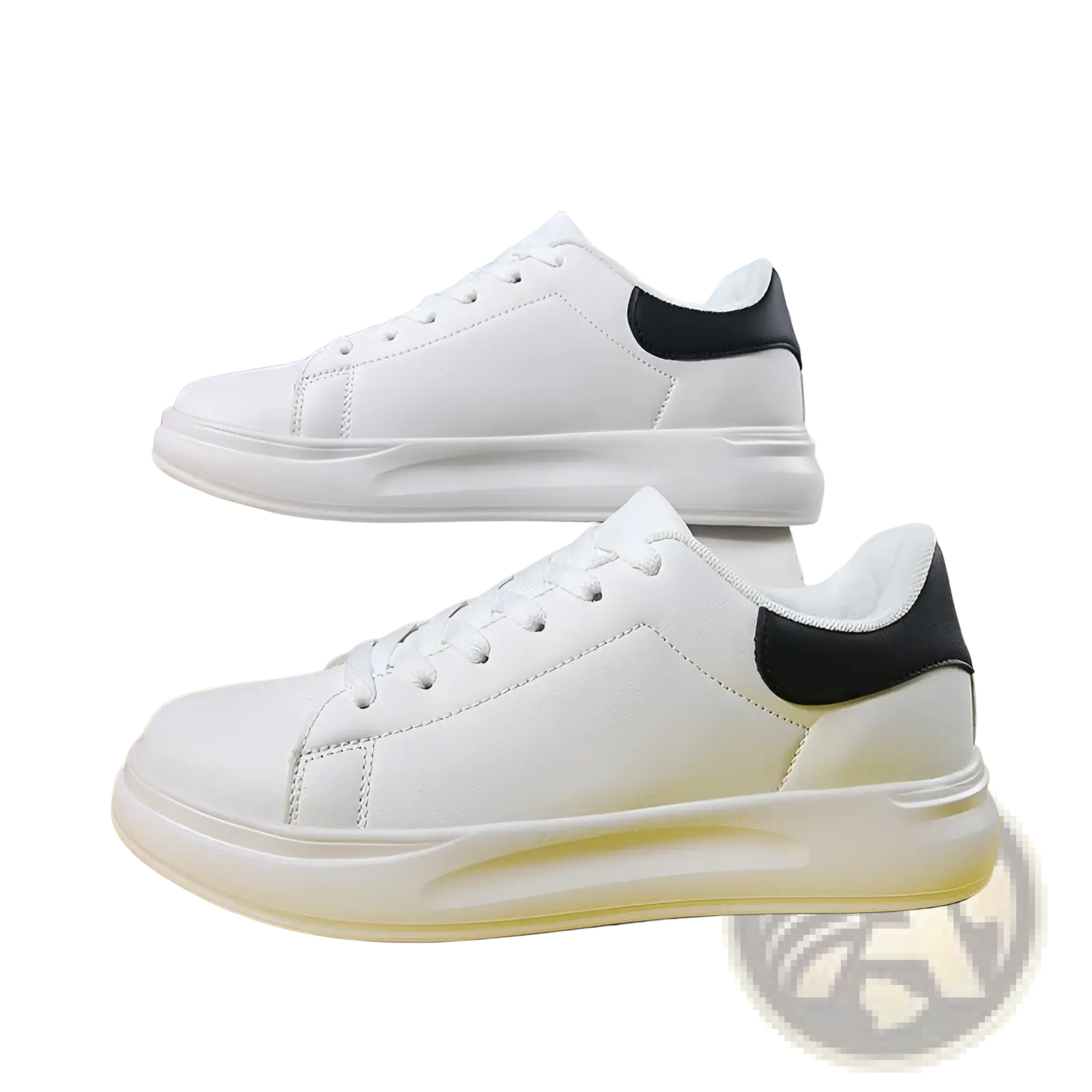 White leather waterproof chunky leisure sneakers with black accents on heel and tongue and a thick white sole