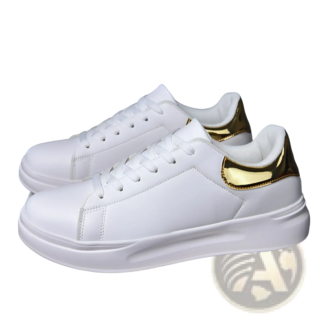 White leather waterproof chunky leisure sneakers with gold metallic heel and tongue accents and thick white rubber sole