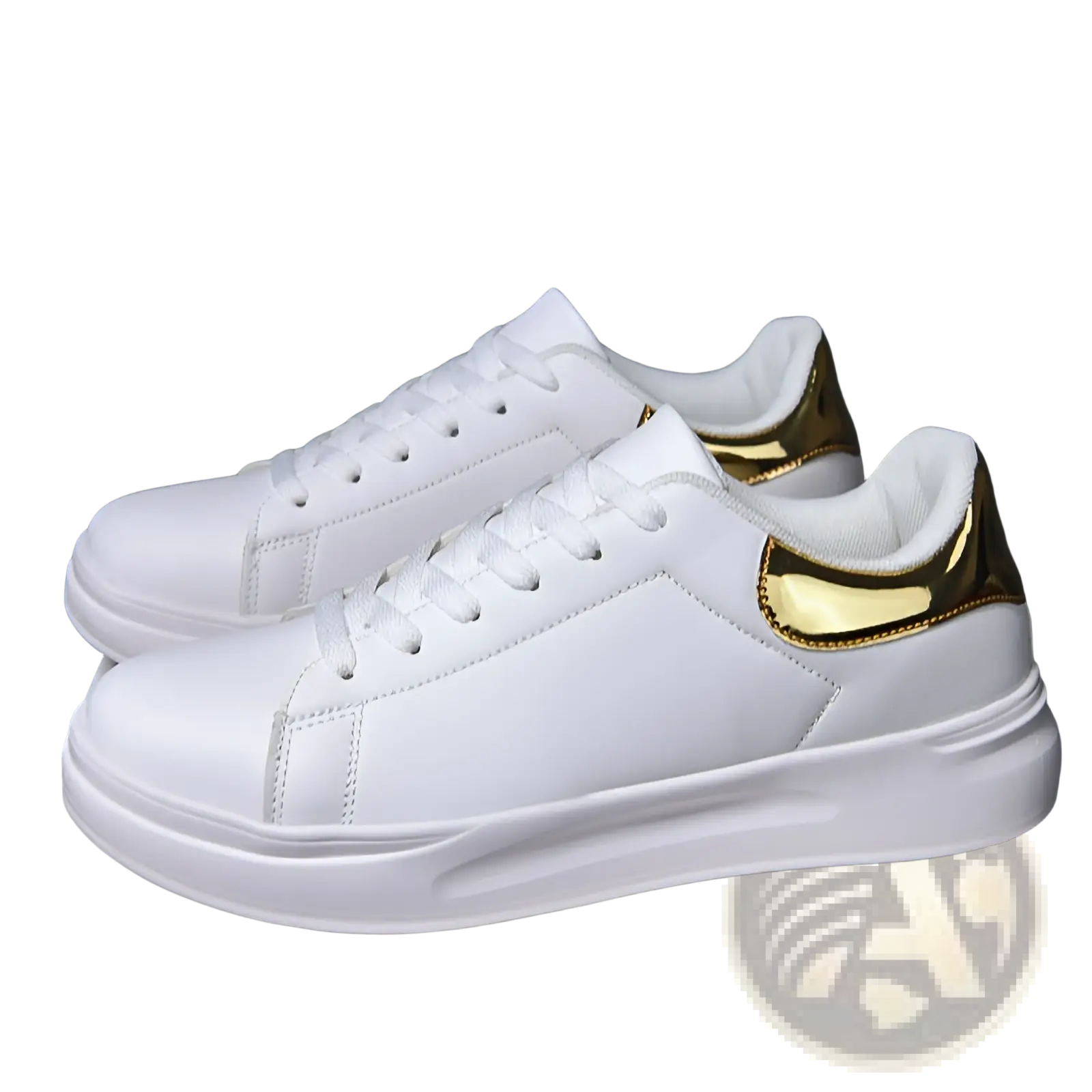 White leather waterproof chunky leisure sneakers with gold metallic heel and tongue accents and thick white rubber sole
