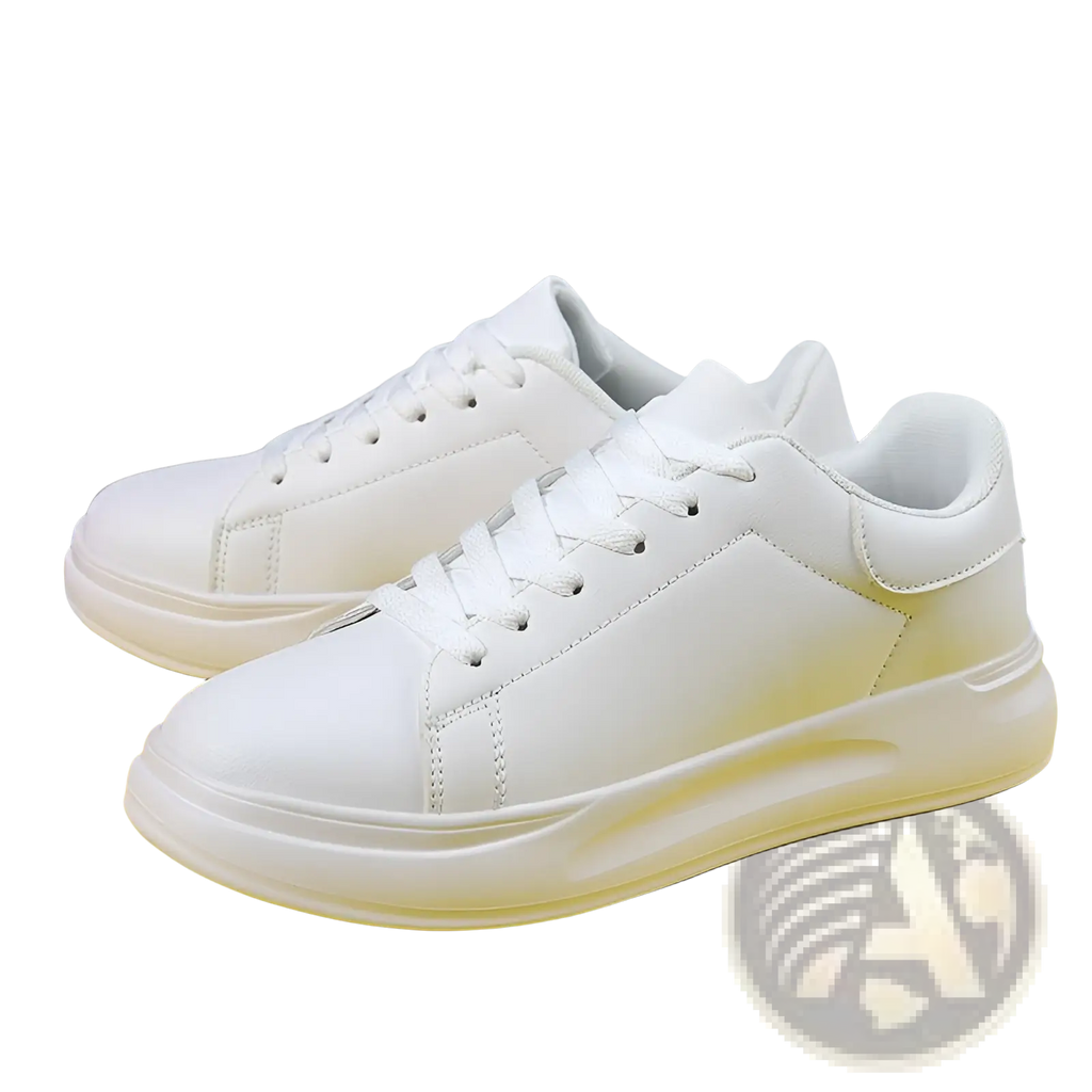 White leather waterproof chunky leisure sneakers with a clean minimalist design and thick sole shown from the back side