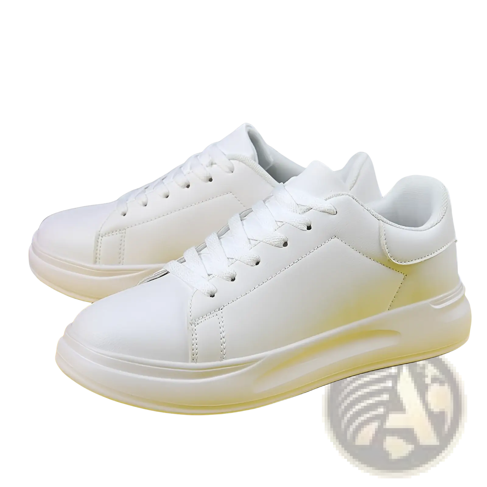 White leather waterproof chunky leisure sneakers with a clean minimalist design and thick sole shown from the back side