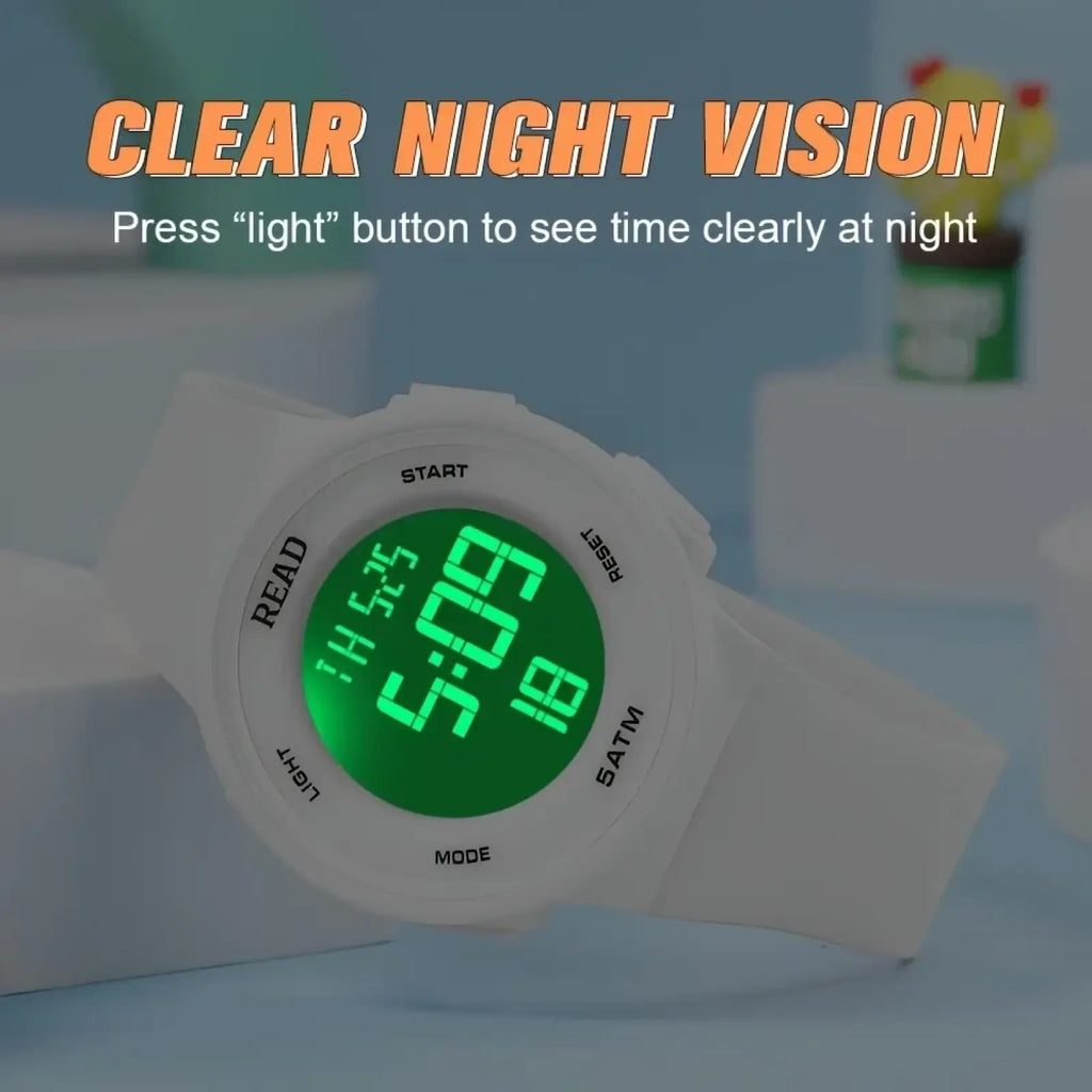 White led digital sports watch womens waterproof fitness timepiece with bright green led display and labeled function buttons