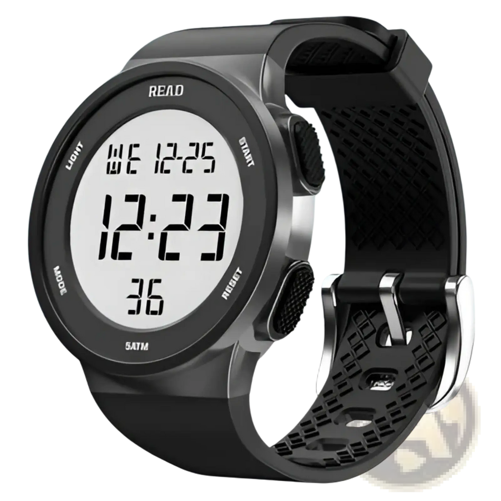 Black digital sports watch with matte finish displaying time and date in white numerals for womens fitness use