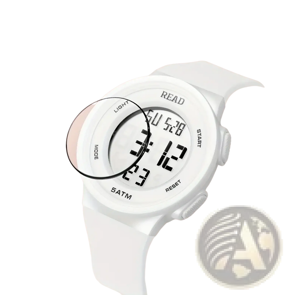 White LED digital sports watch for women with acrylic lens and silicone strap is waterproof and fitness-ready