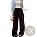 Black wide-leg pants in relaxed flowing fabric with a drawstring waistband suitable for casual wear