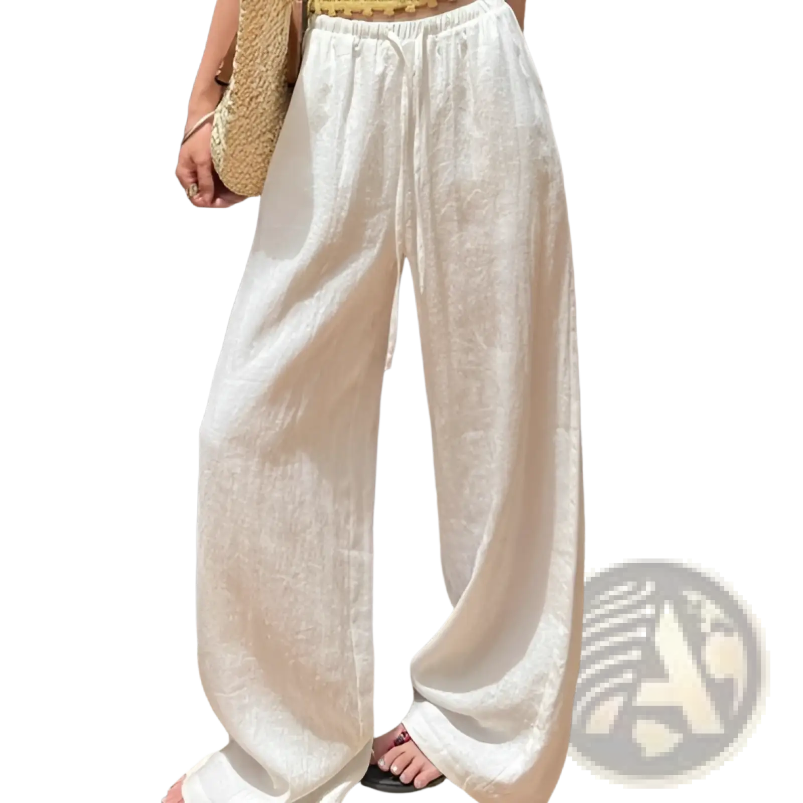 White linen wide leg pants with a drawstring waistband designed for comfort and breathable style