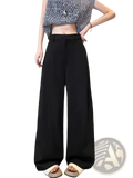 Black high-waisted wide-leg trousers with a sleek tailored fit shown from the back in contrast to white linen styling