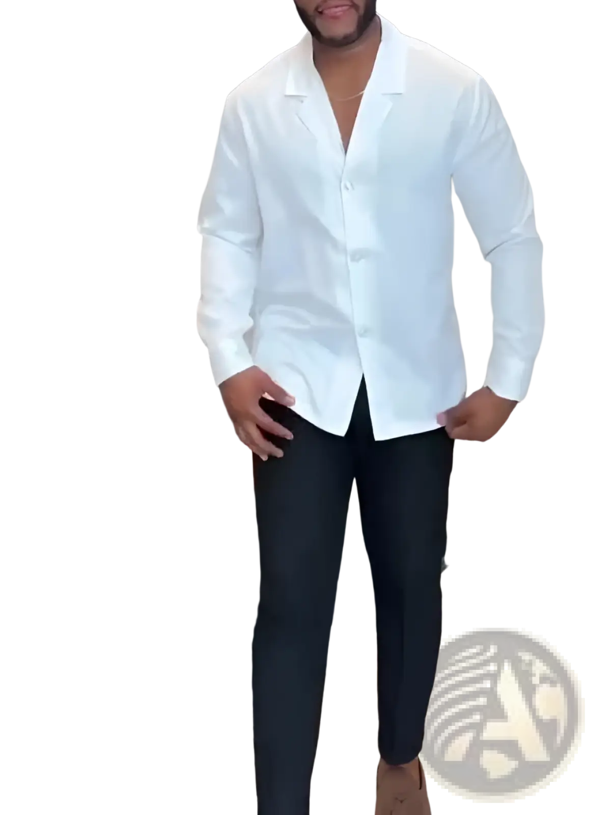 White long sleeve button down shirt with classic collar worn over black trousers for formal or office use