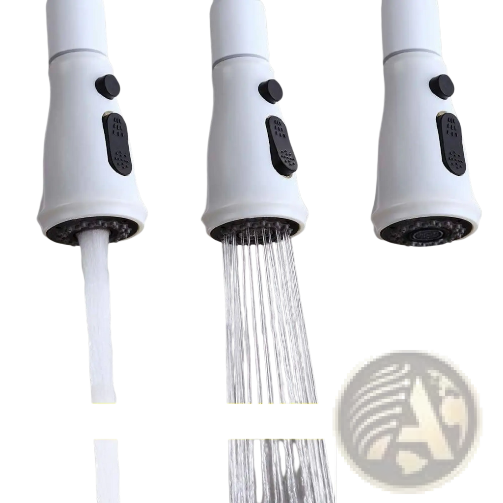 White matte kitchen faucet with black control buttons and pull down sprayer showing three water flow modes