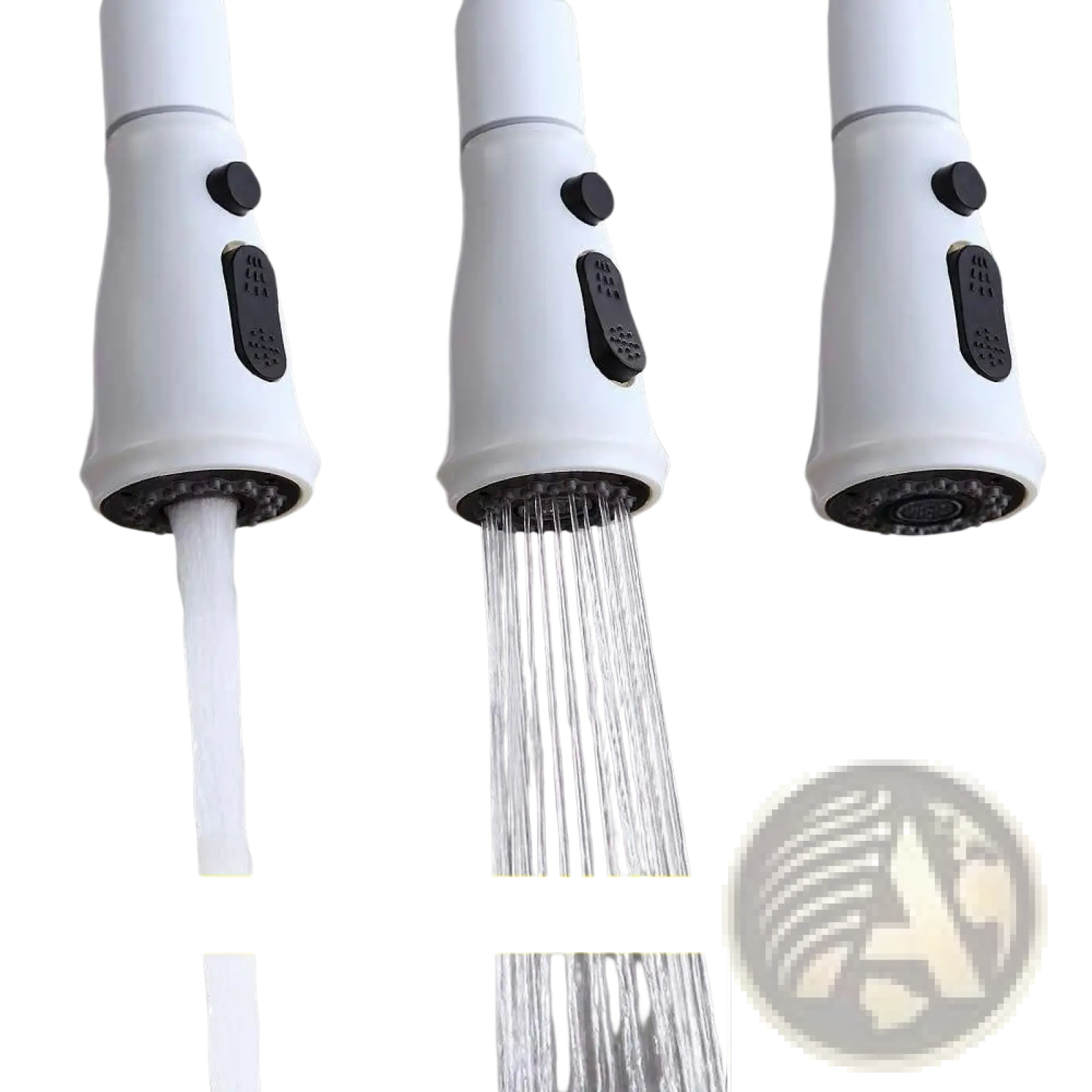 White matte kitchen faucet with black control buttons and pull down sprayer showing three water flow modes